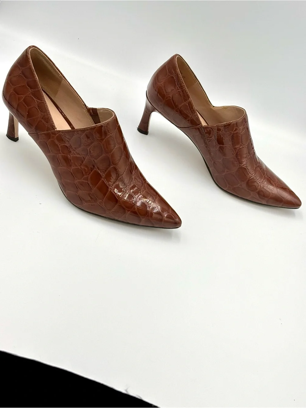 27 EDIT Fanfare Brown Croco Pointed Toe Kitten Heel Pumps Women’s 7 M